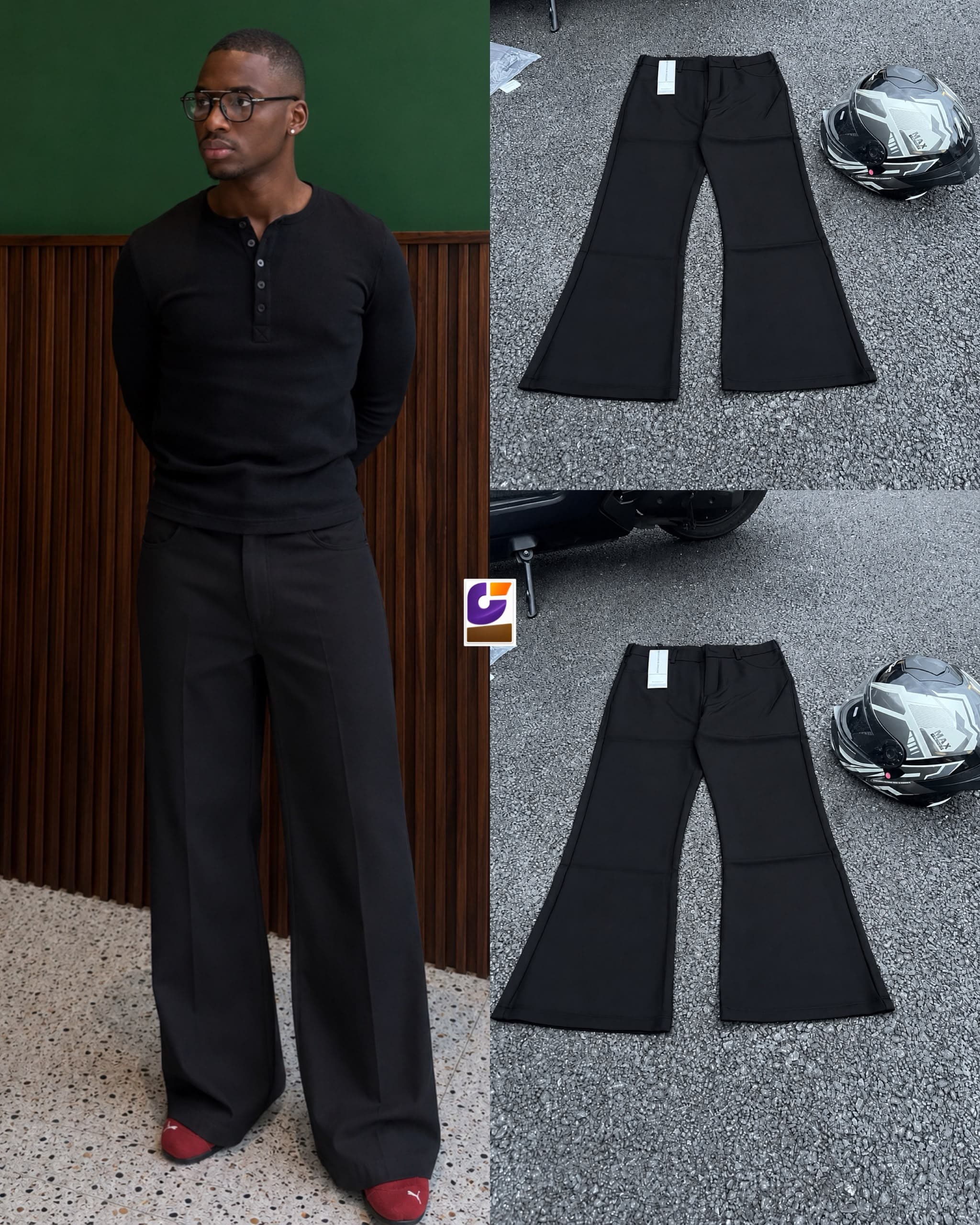 Model wearing black wide-leg flared trousers with black henley top, plus flat lay views on pavement.