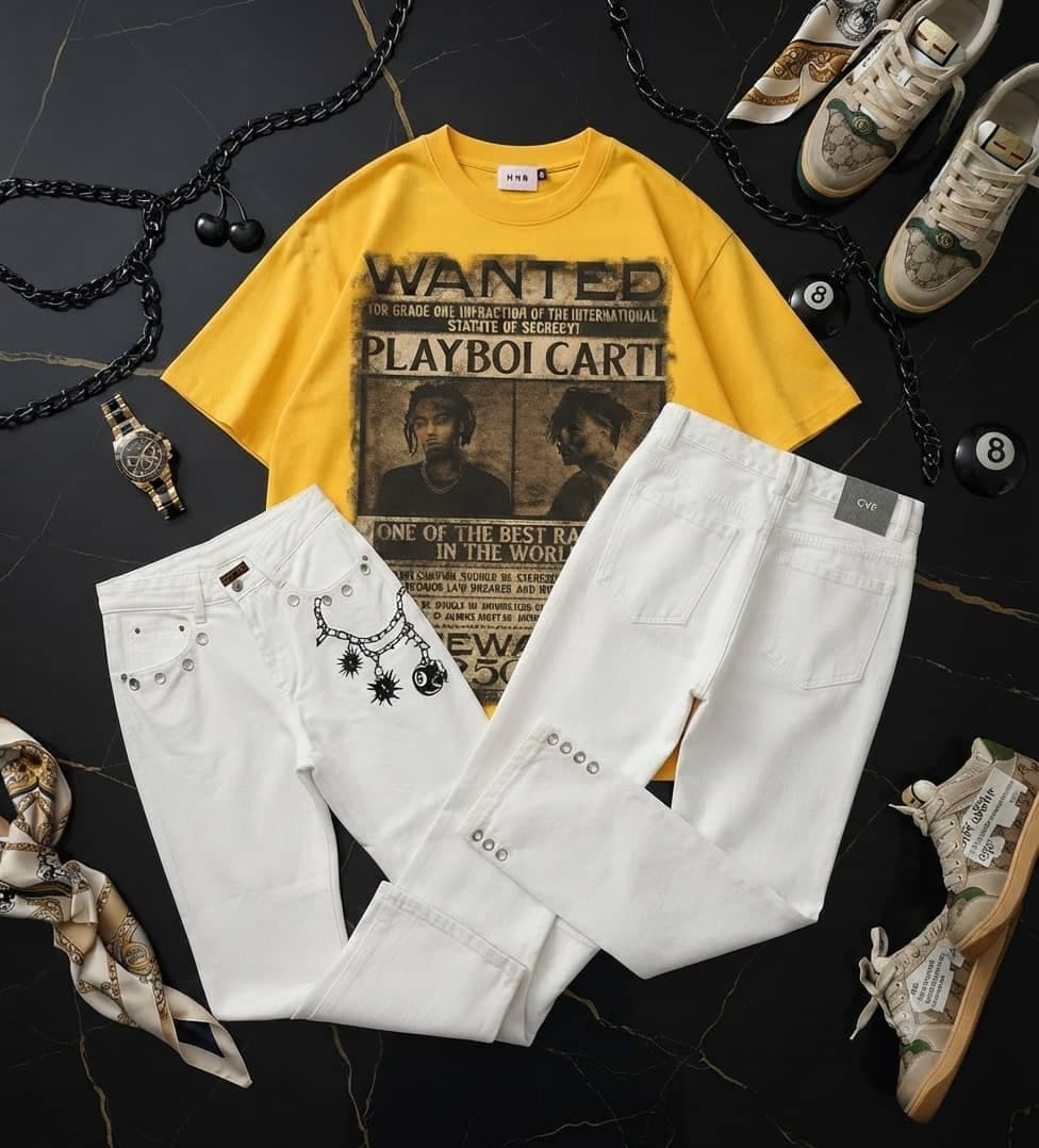 Yellow oversized t-shirt with Playboi Carti wanted graphic paired with white jeans with chain and spike details.