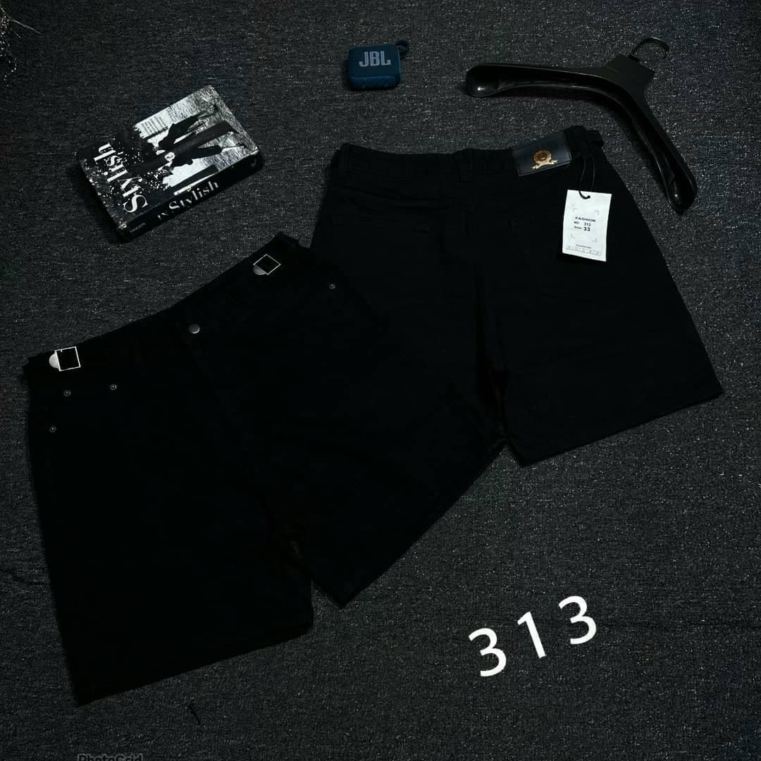 Black belted denim shorts in lifestyle flat lay with accessories and 313 marking.
