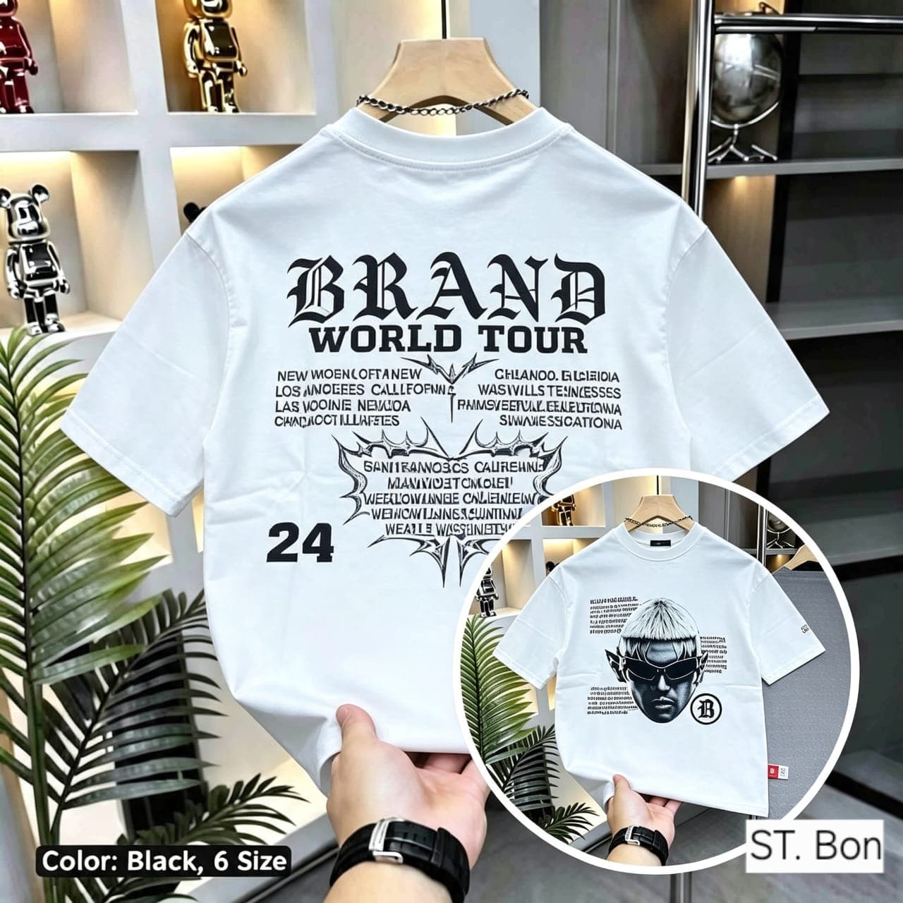 White t-shirt with Brand World Tour back print, city names and front portrait inset.