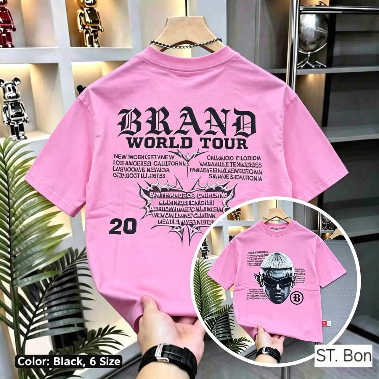Pink t-shirt with Brand World Tour back print, city names and front portrait inset.