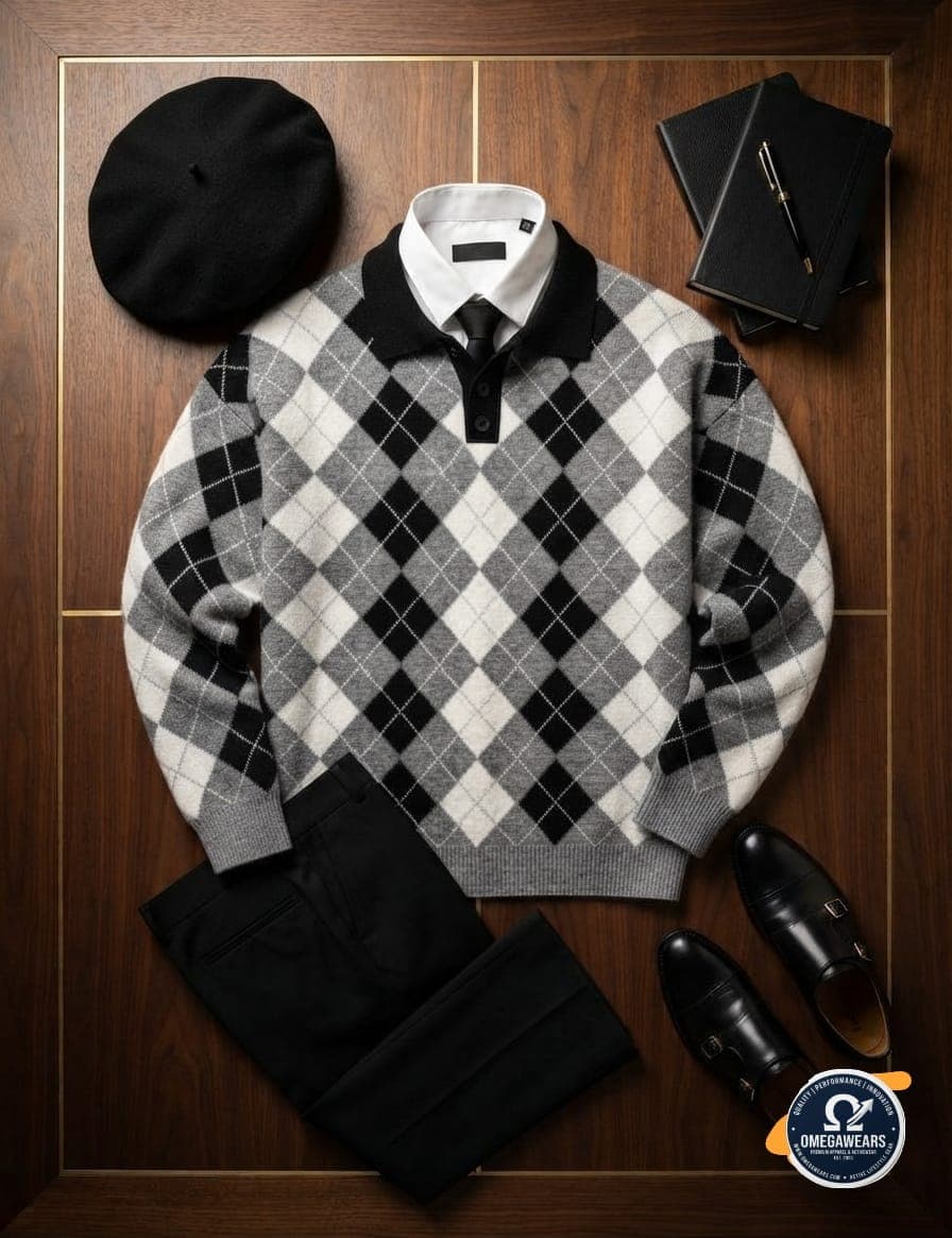 Flat lay of gray black and white argyle polo knit sweater with white shirt, tie, black trousers, beret and shoes.