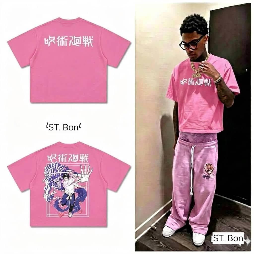 Pink Jujutsu Kaisen crop top in flat lays and worn by model.