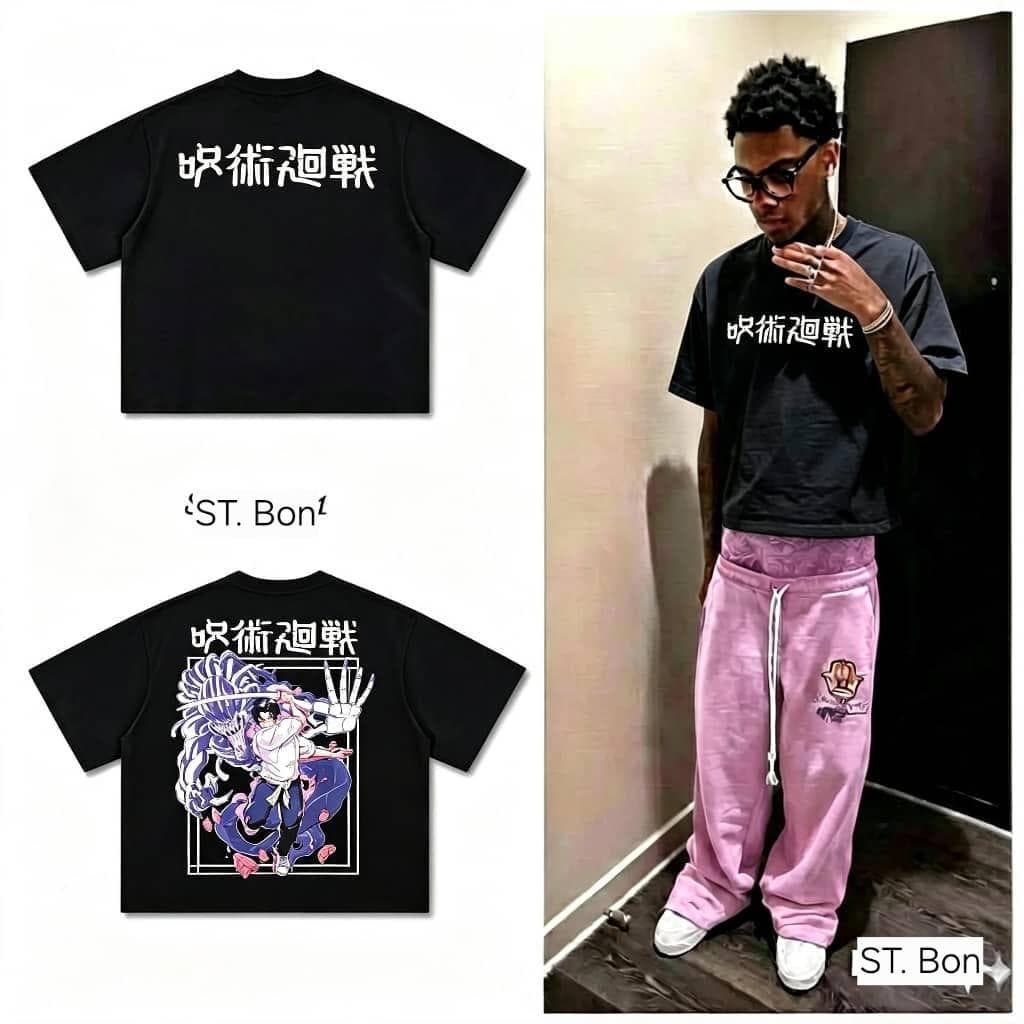 Black Jujutsu Kaisen crop top showing front and back with character design.