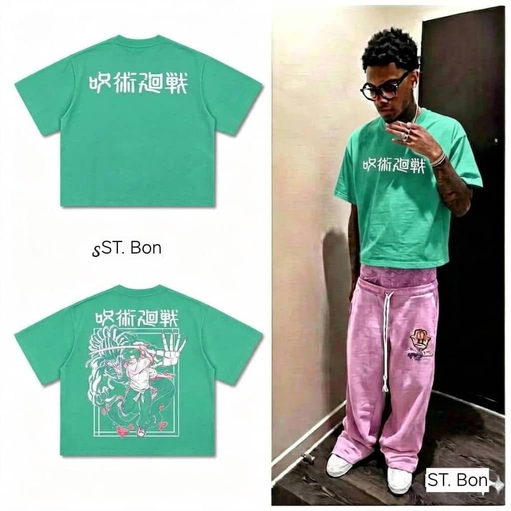 Green Jujutsu Kaisen crop top with front text, back graphic, and model shot.