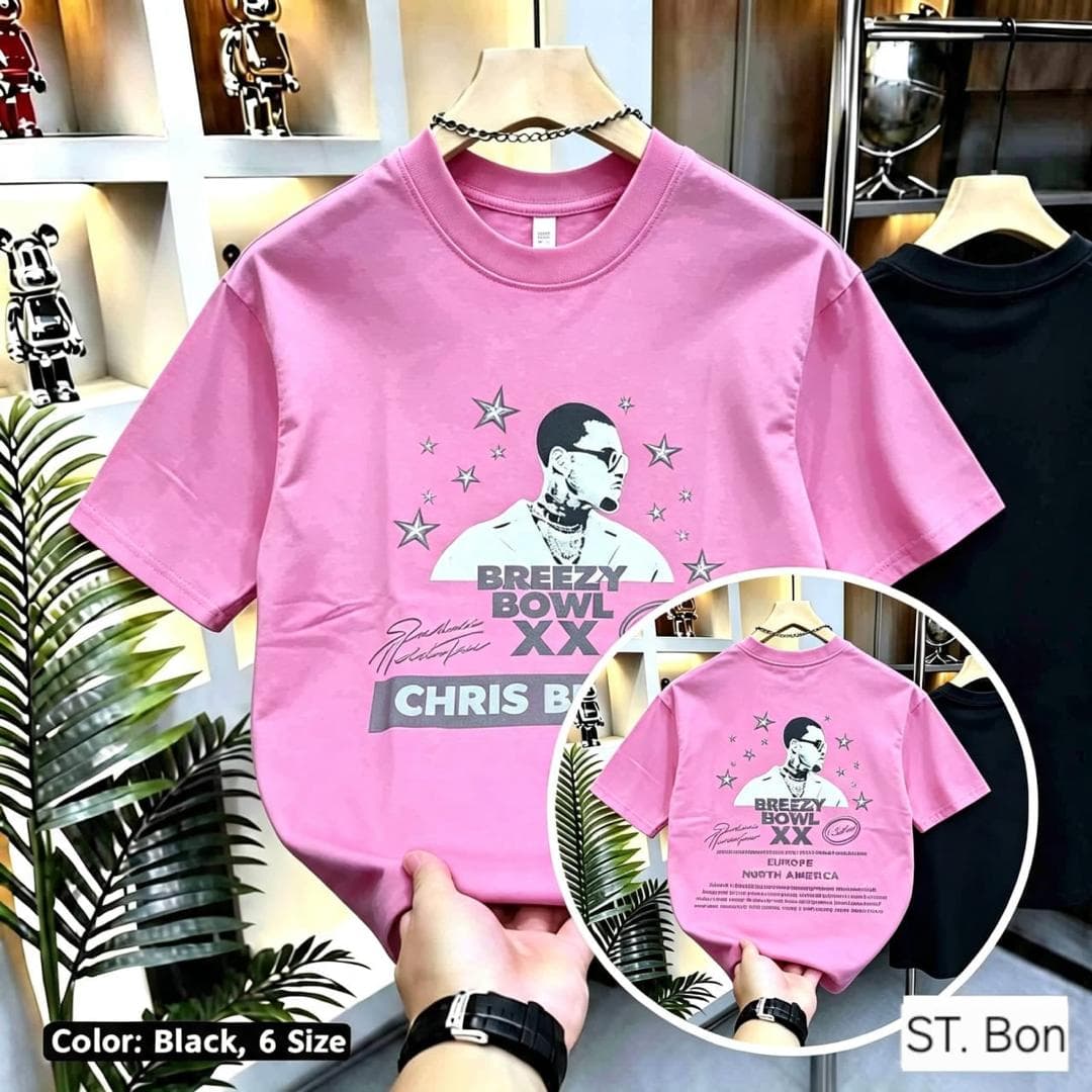 Pink Chris Brown Breezy Bowl graphic t-shirt showing front and back.