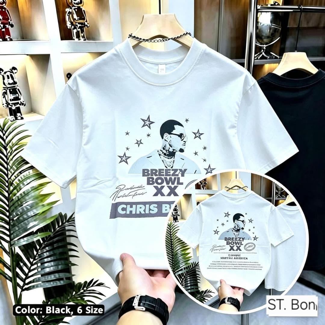 White Chris Brown Breezy Bowl graphic t-shirt showing front and back.