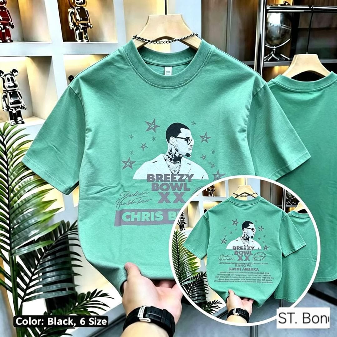 Green Chris Brown Breezy Bowl graphic t-shirt showing front and back.