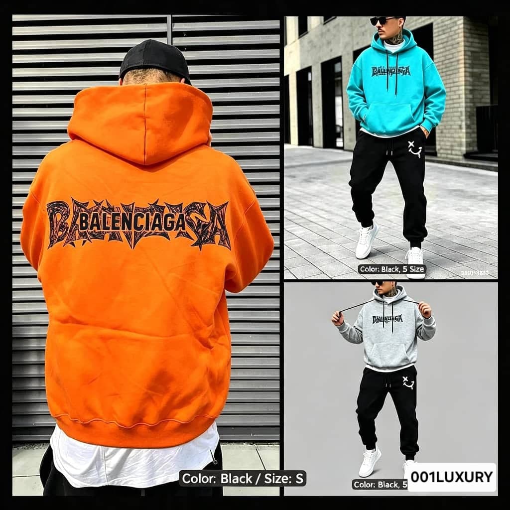 Collage of Balenciaga hoodie in orange from back with black graphic print, plus model shots in turquoise and gray colorways.