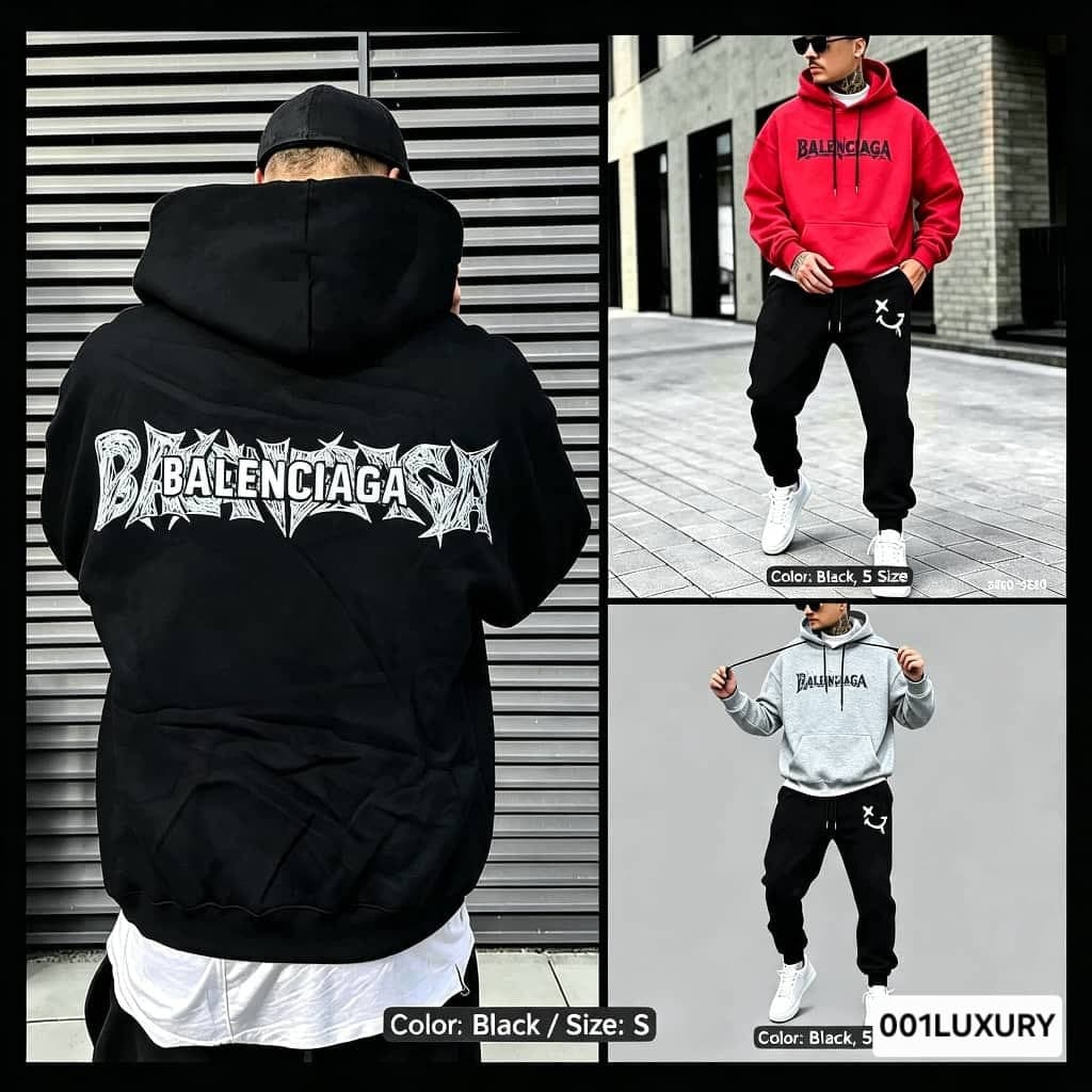 Collage of Balenciaga hoodie in black from back with white graphic print, plus model shots in red and gray colorways.