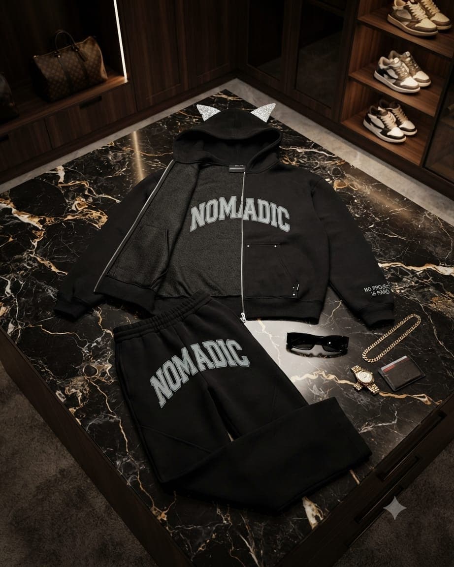 Flat lay of black NOMADIC zip-up hoodie and jogger set on marble table styled with accessories.