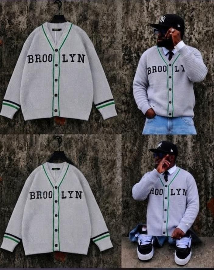 Light gray Brooklyn varsity cardigan shown in flat lay and on model.