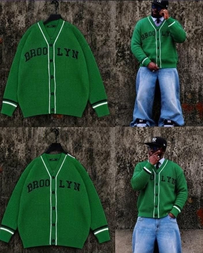 Green Brooklyn varsity cardigan shown in flat lay and on model.