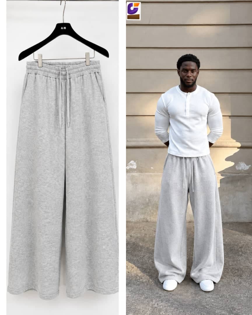 Light gray flare joggers on hanger and worn by male model outdoors with logo overlay.