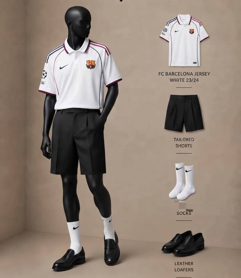Mannequin in FC Barcelona white jersey with black pleated shorts, socks and loafers.