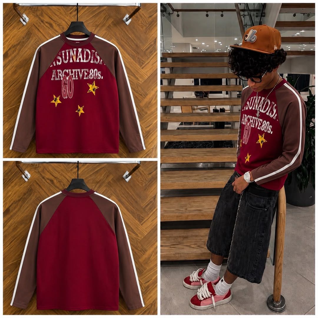 Burgundy brown raglan long sleeve tee with graphic print shown on hanger and model.
