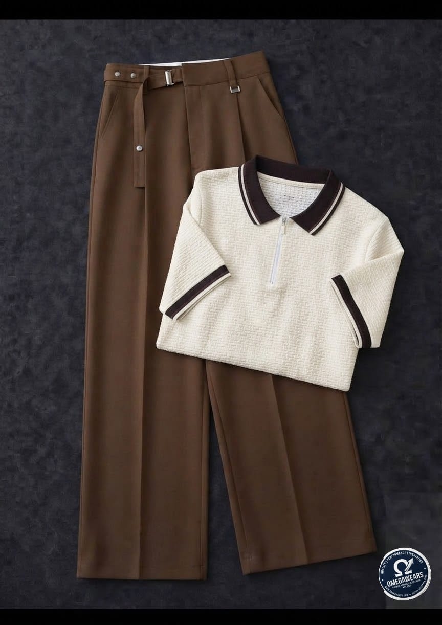 Cream knitted polo and brown trousers from alternative flat lay angle.