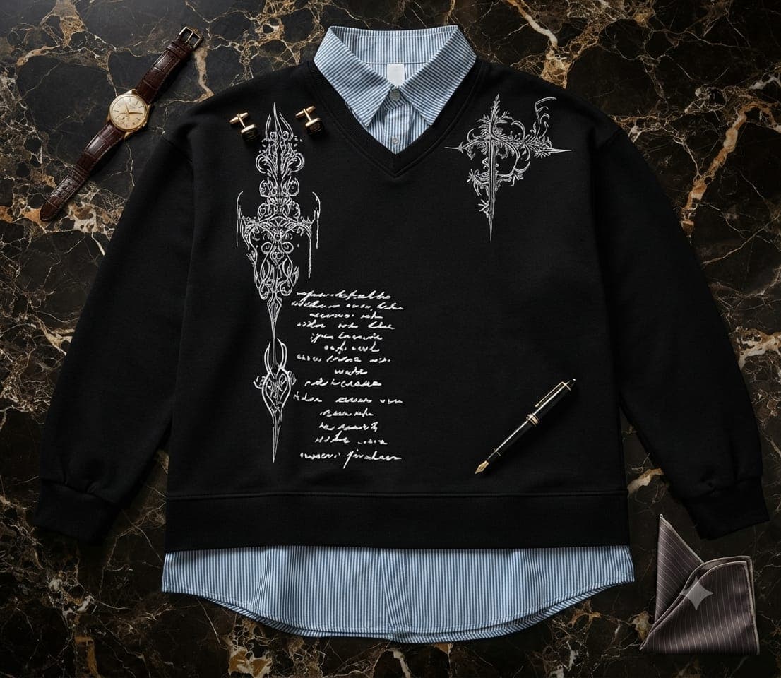 Black V-neck sweatshirt with white gothic cross and script prints, layered over striped shirt with styling accessories.