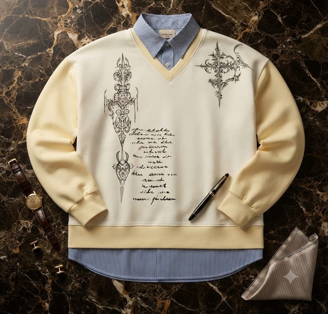 Cream V-neck sweatshirt with black gothic cross and script prints, layered over striped shirt on marble with accessories.