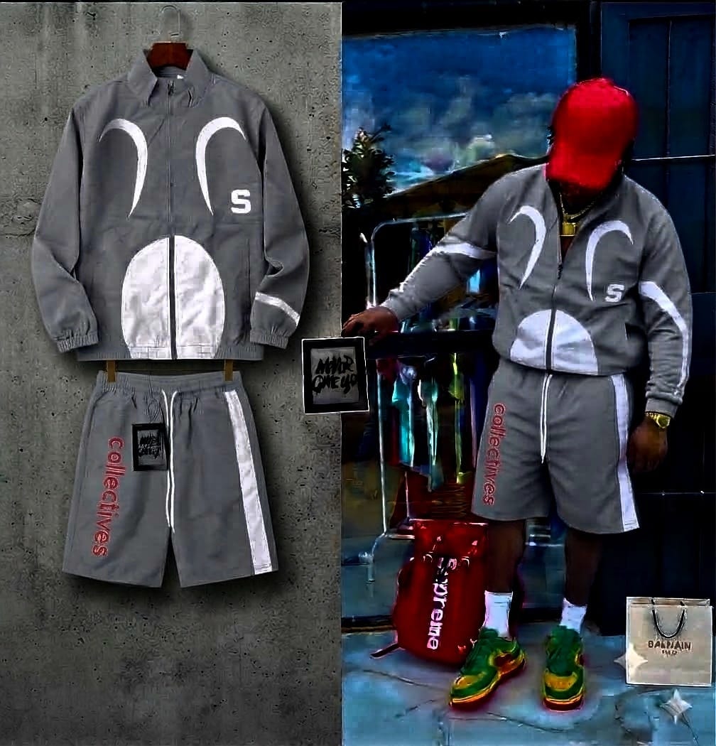 Gray graphic zip-up jacket and shorts set shown in flat lay and on model.