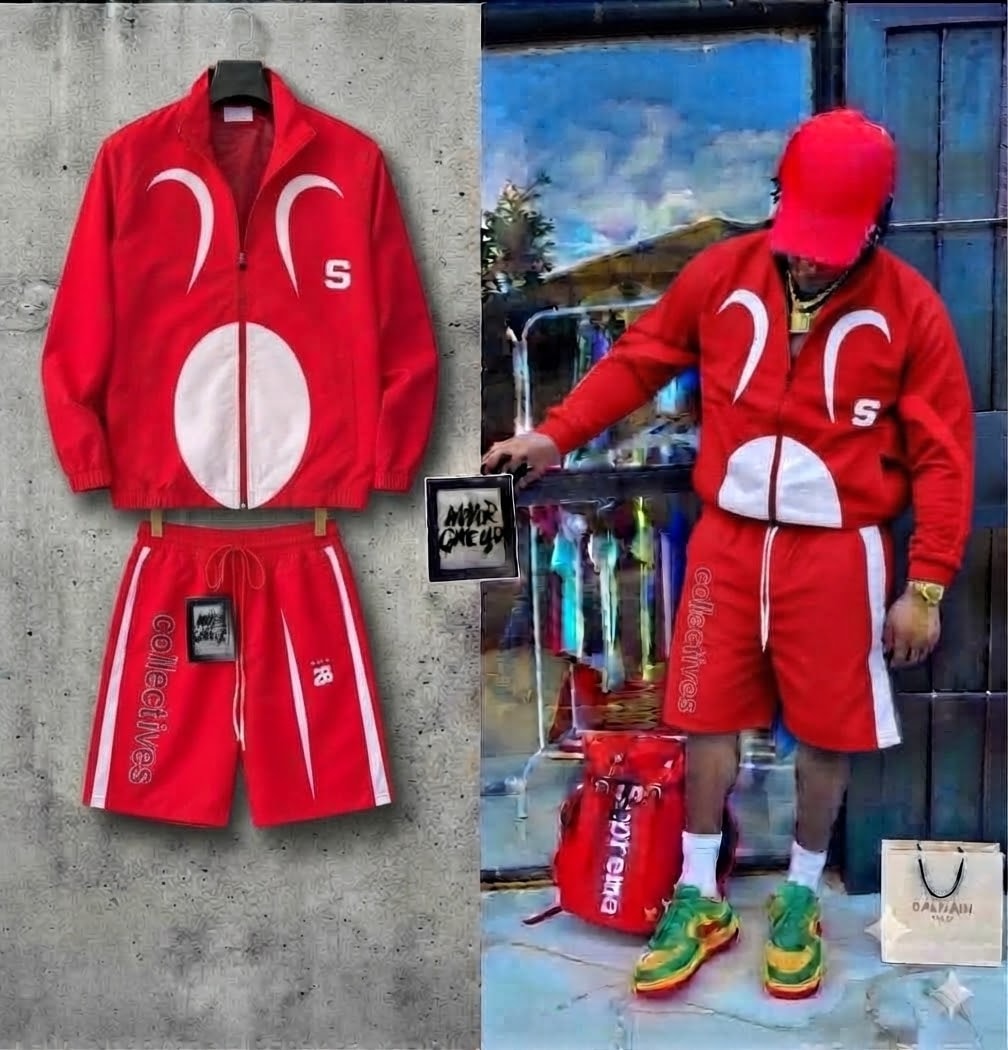 Red graphic zip-up jacket and shorts set shown in flat lay and on model.