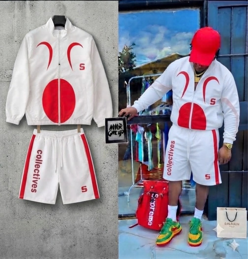 White graphic zip-up jacket and shorts set shown in flat lay and on model.