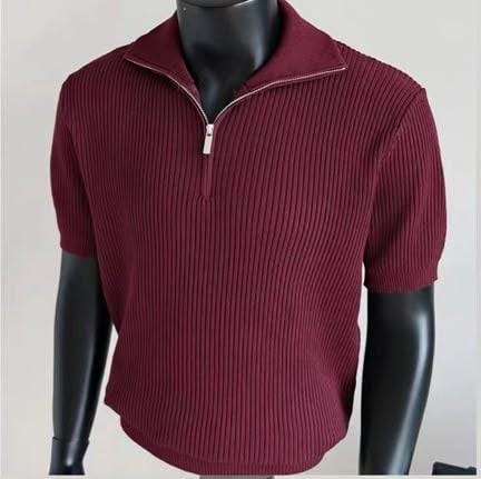 Burgundy ribbed quarter-zip polo shirt on mannequin.