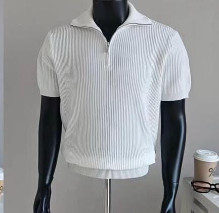 White ribbed quarter-zip polo shirt on mannequin.