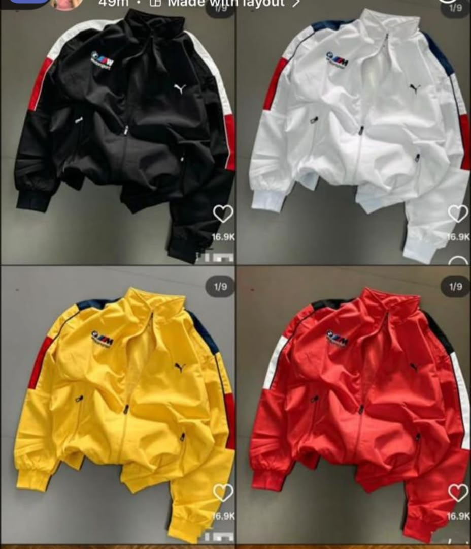 Collage showing four colorways (black, white, yellow, red) of the Puma BMW M Motorsport track jacket, some paired with matching pants.