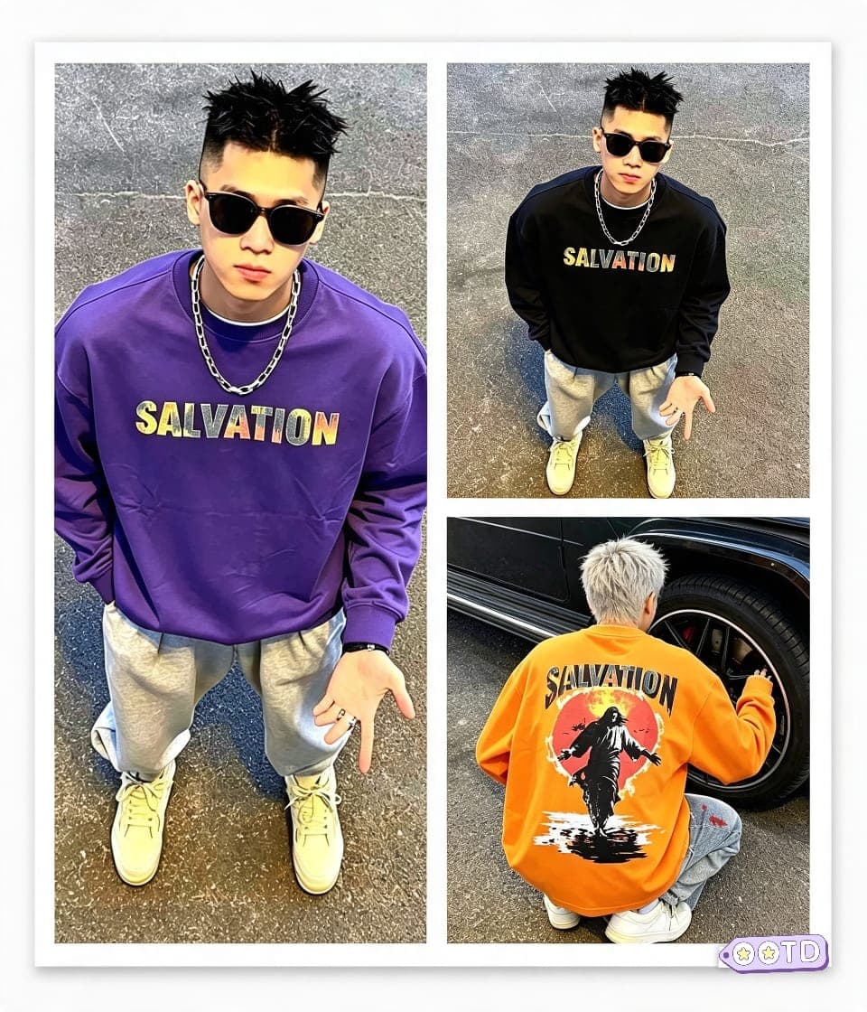 Purple, black and orange SALVATION sweatshirts modeled from front and rear angles with fiery graphic on back.