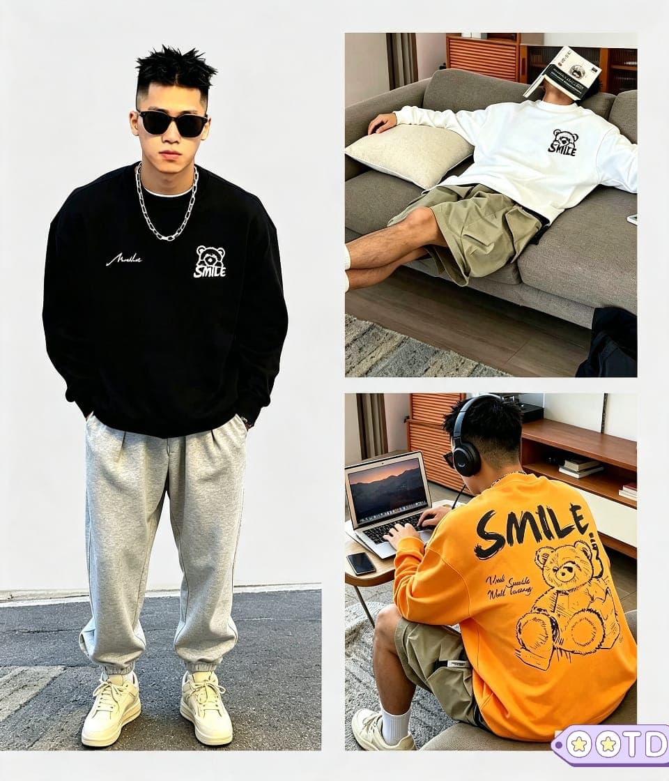 Black SMILE sweatshirt front view and orange version showing back teddy bear graphic with text, in casual poses.