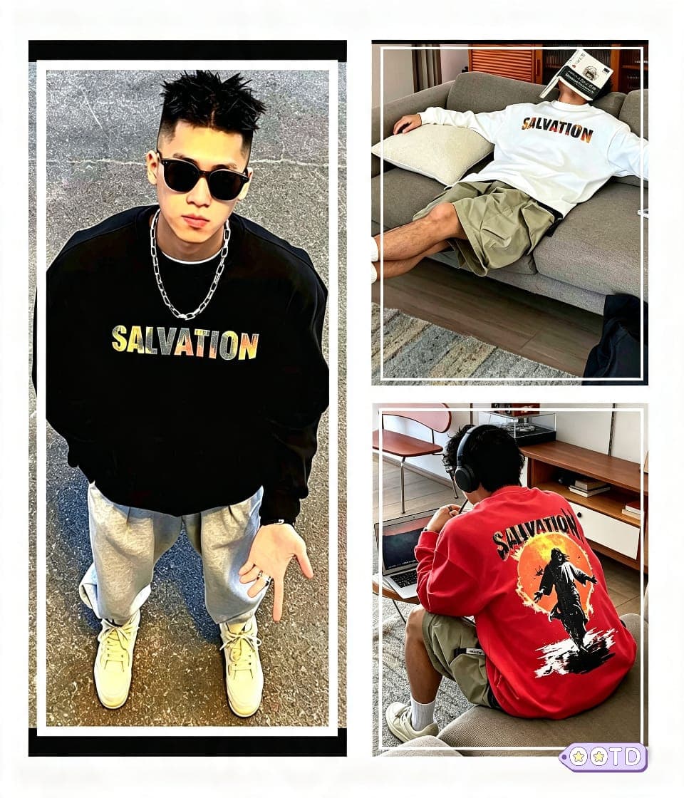 Collage of black, white and red SALVATION sweatshirts displaying front text and back silhouette graphic.