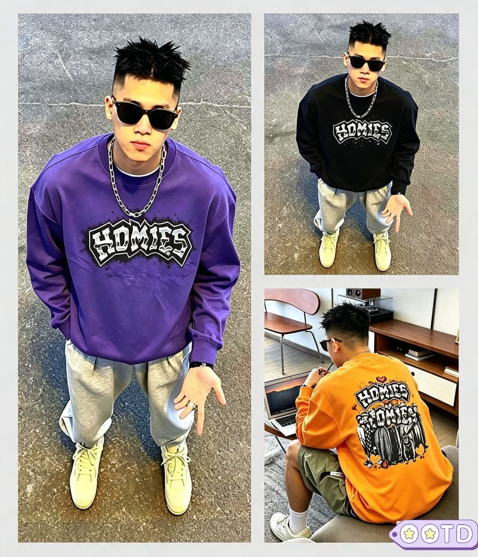 Purple, black and orange HOMIES graphic sweatshirts displayed in front and back angles on model.