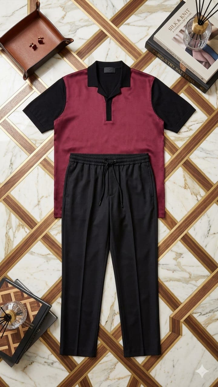 Burgundy and black colorblock polo shirt with black trousers in flat lay on marble surface.
