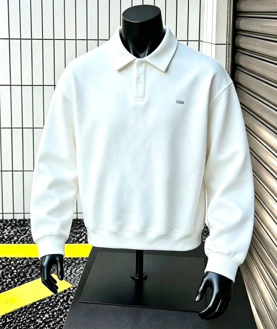 White long sleeve polo sweatshirt on black mannequin.