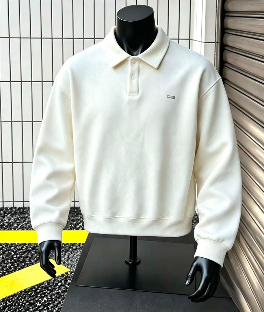 Cream long sleeve polo sweatshirt on black mannequin.