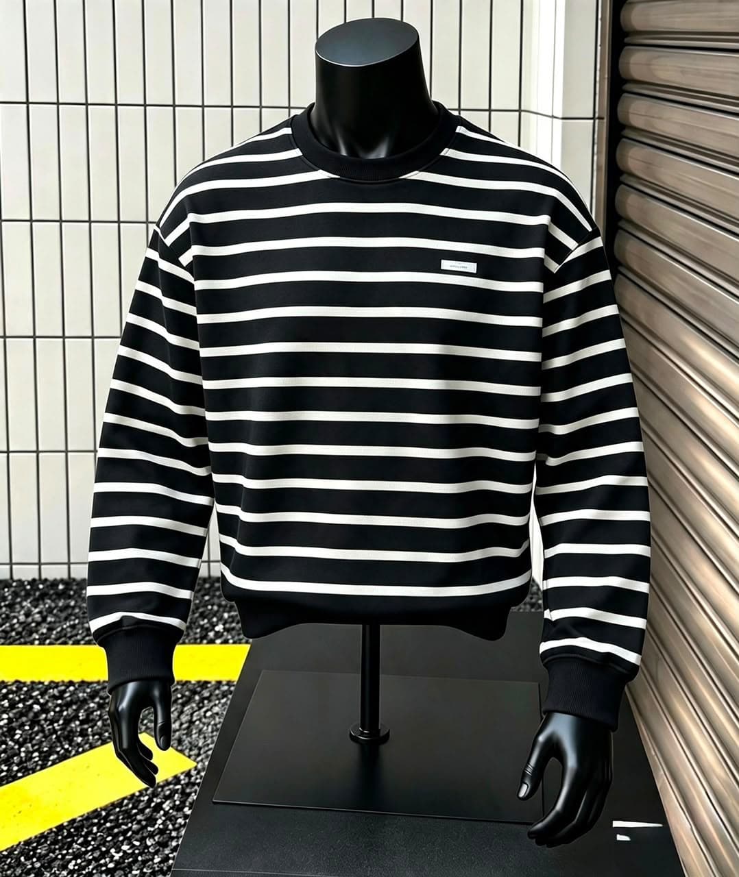 Black and white horizontally striped sweatshirt on mannequin.