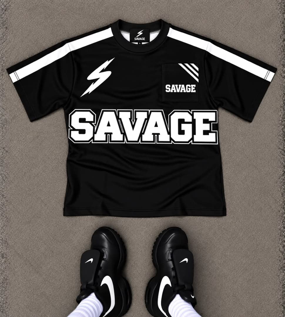 Black Savage t-shirt with white lightning bolt, large SAVAGE print, chest pocket and matching black sneakers.