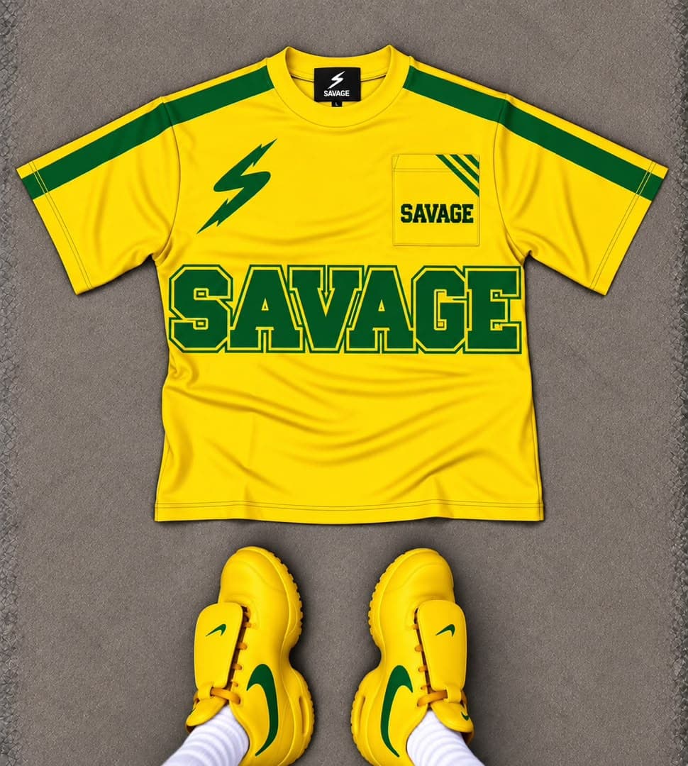 Yellow Savage t-shirt with green lightning bolt, large SAVAGE print, chest pocket and matching yellow sneakers.