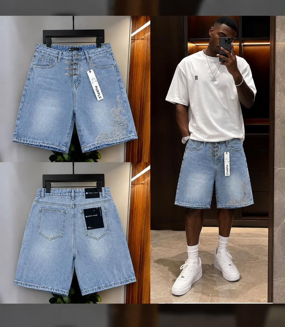 Black denim shorts with side wave embroidery and lace-up closure, flat lays and modeled with white tee and sneakers.