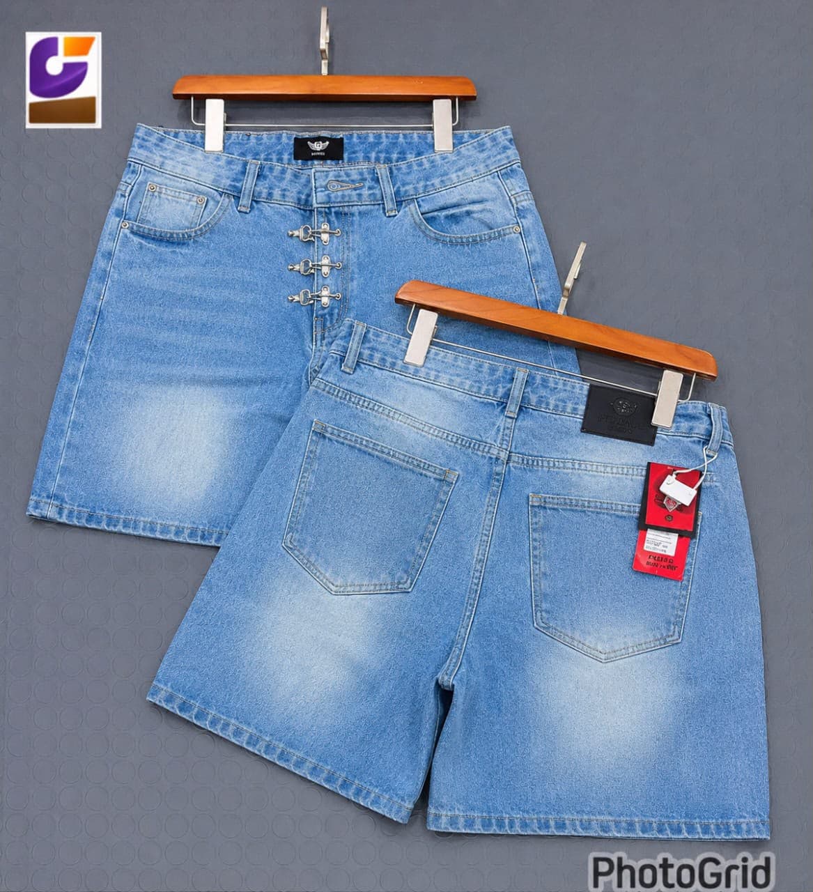 Camouflage denim shorts with signature metal hook waist closure, front and back views on hangers.