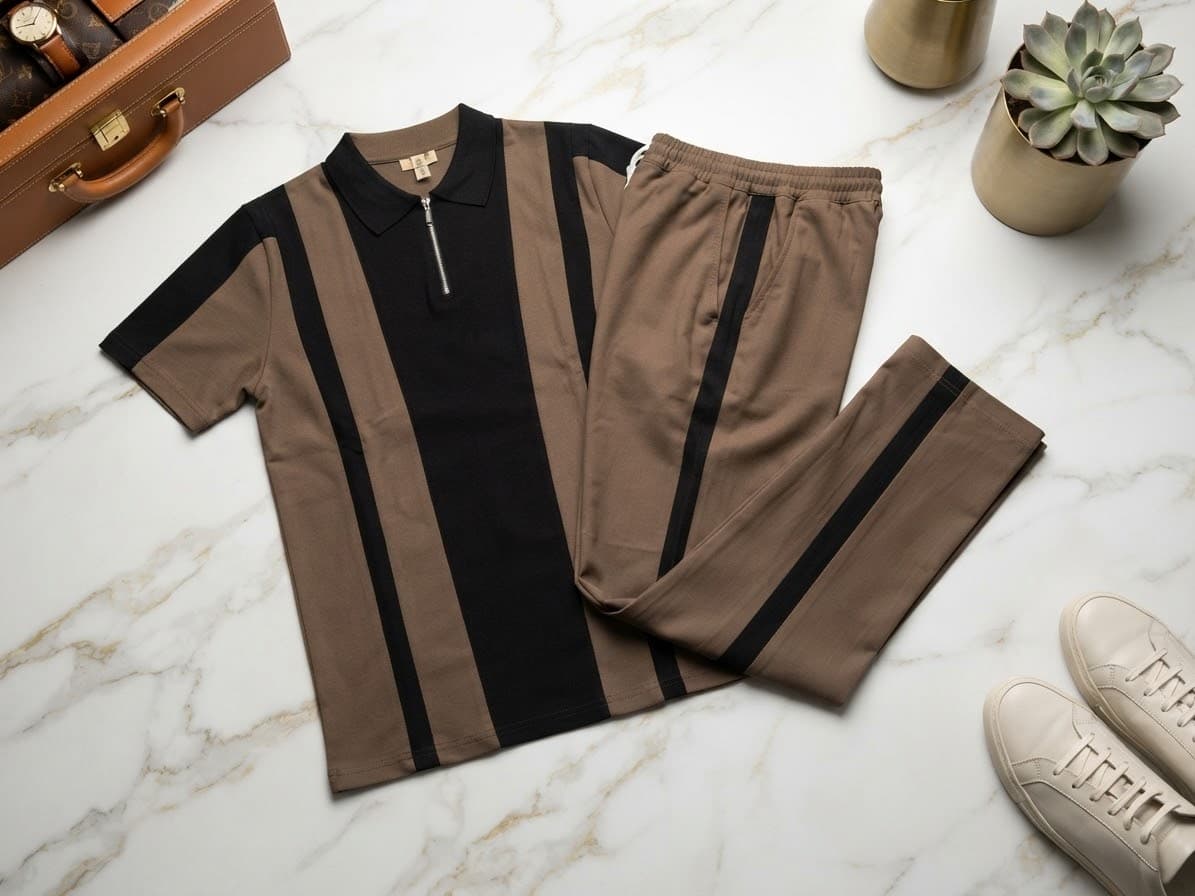 Brown and black vertically striped quarter-zip polo with matching striped pants.