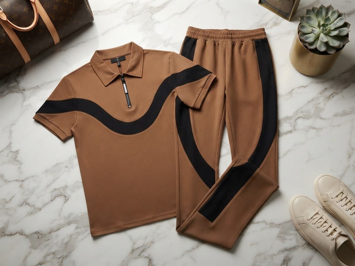 Tan brown polo with black wavy accent and matching brown pants with black side panel.