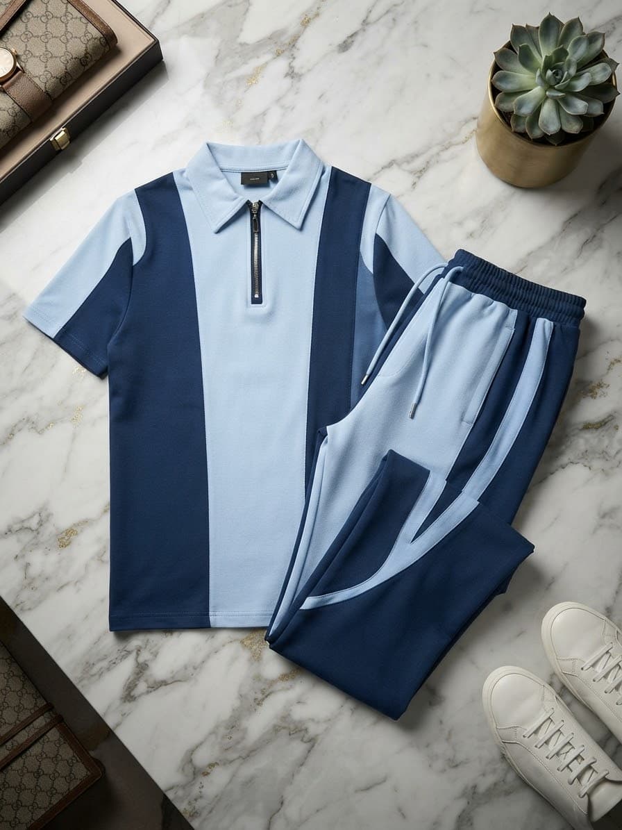 Light and dark blue colorblocked quarter zip polo shirt paired with coordinating pants.