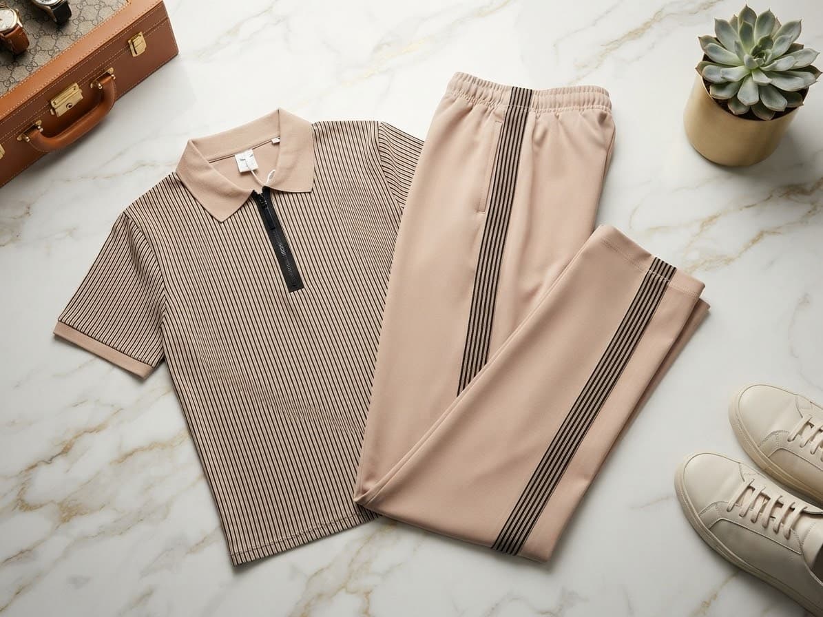 Beige and black vertically striped zip-up polo with matching track pants on white marble.