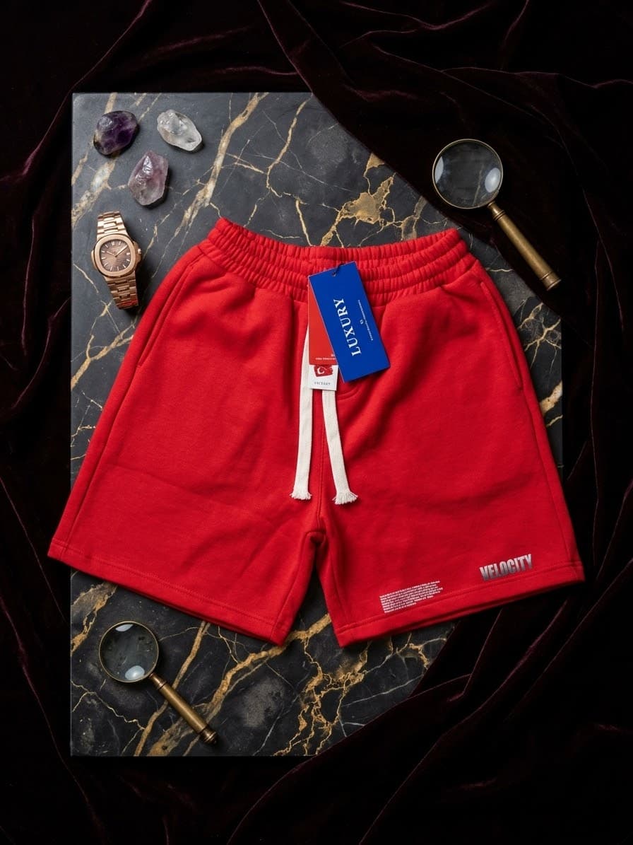 Red fleece shorts with VELOCITY print on the leg displayed on marble with props.
