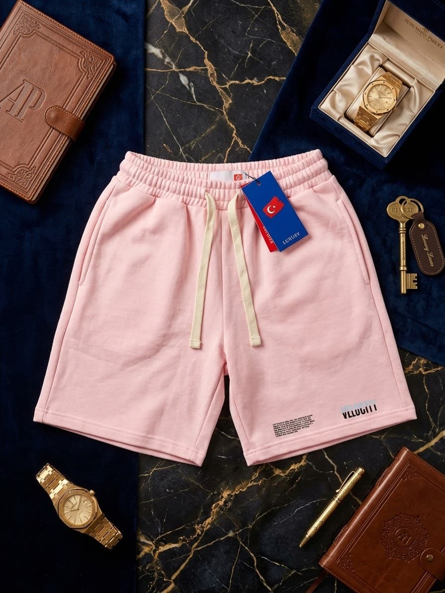 Pink fleece shorts with VELOCITY print on the leg styled with luxury props and watch.