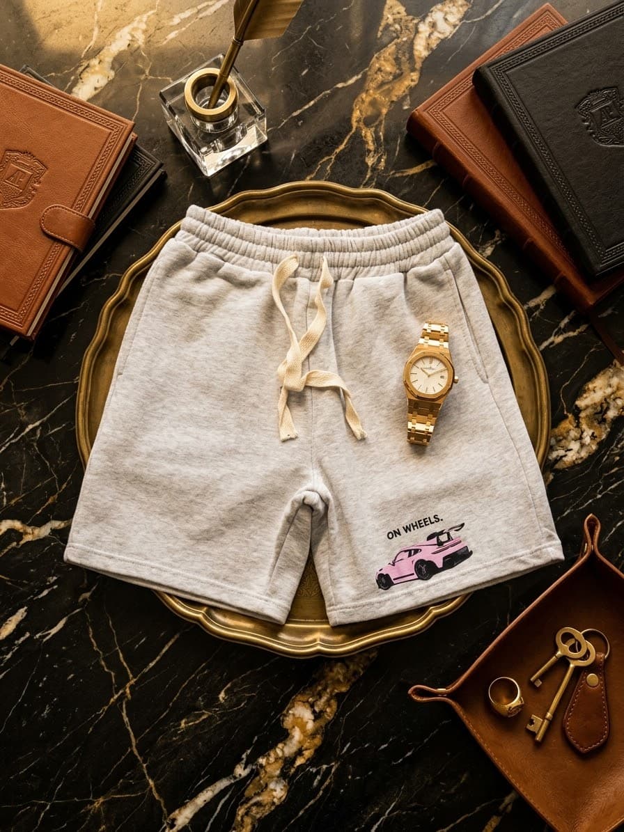 Light gray fleece shorts with pink car graphic and ON WHEELS text on marble surface with watch and accessories.