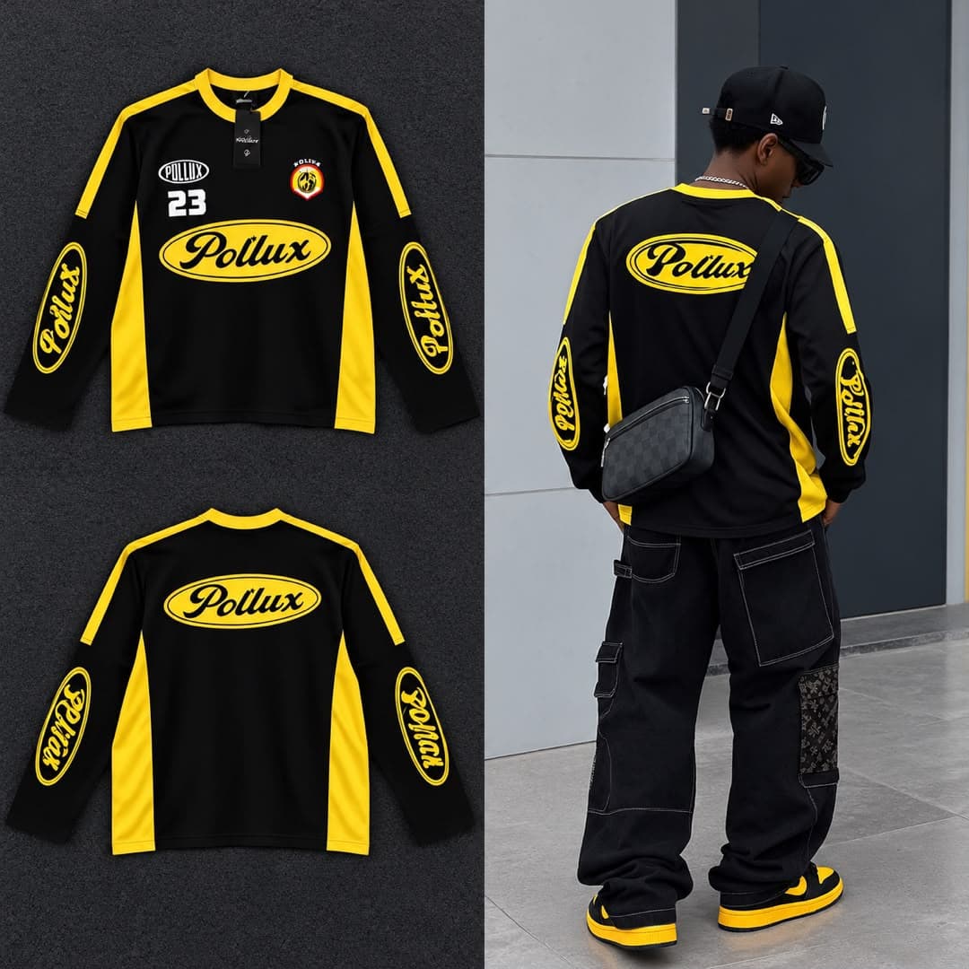 Black and yellow Pollux 23 long sleeve jersey in front, back flat lays and lifestyle view.