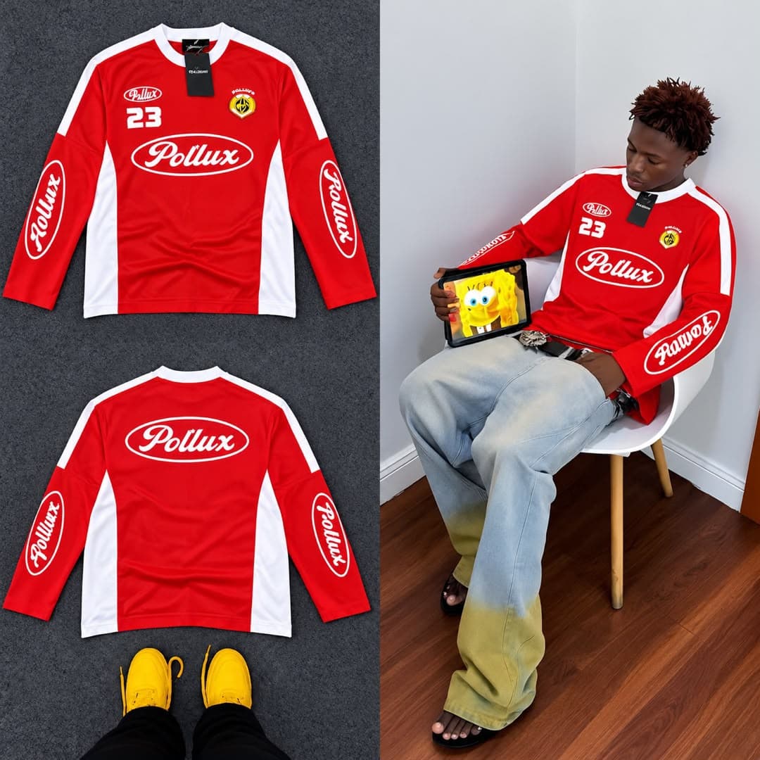 Red Pollux 23 long sleeve jersey in front, back flat lays and lifestyle view.
